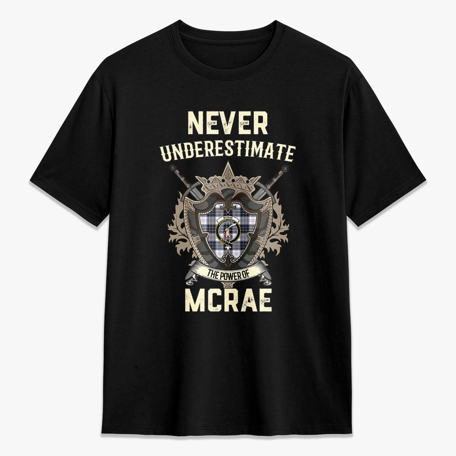 ScotsTee Shop McRae Dress Modern Crest Tartan T-shirt Never Underestimate Style