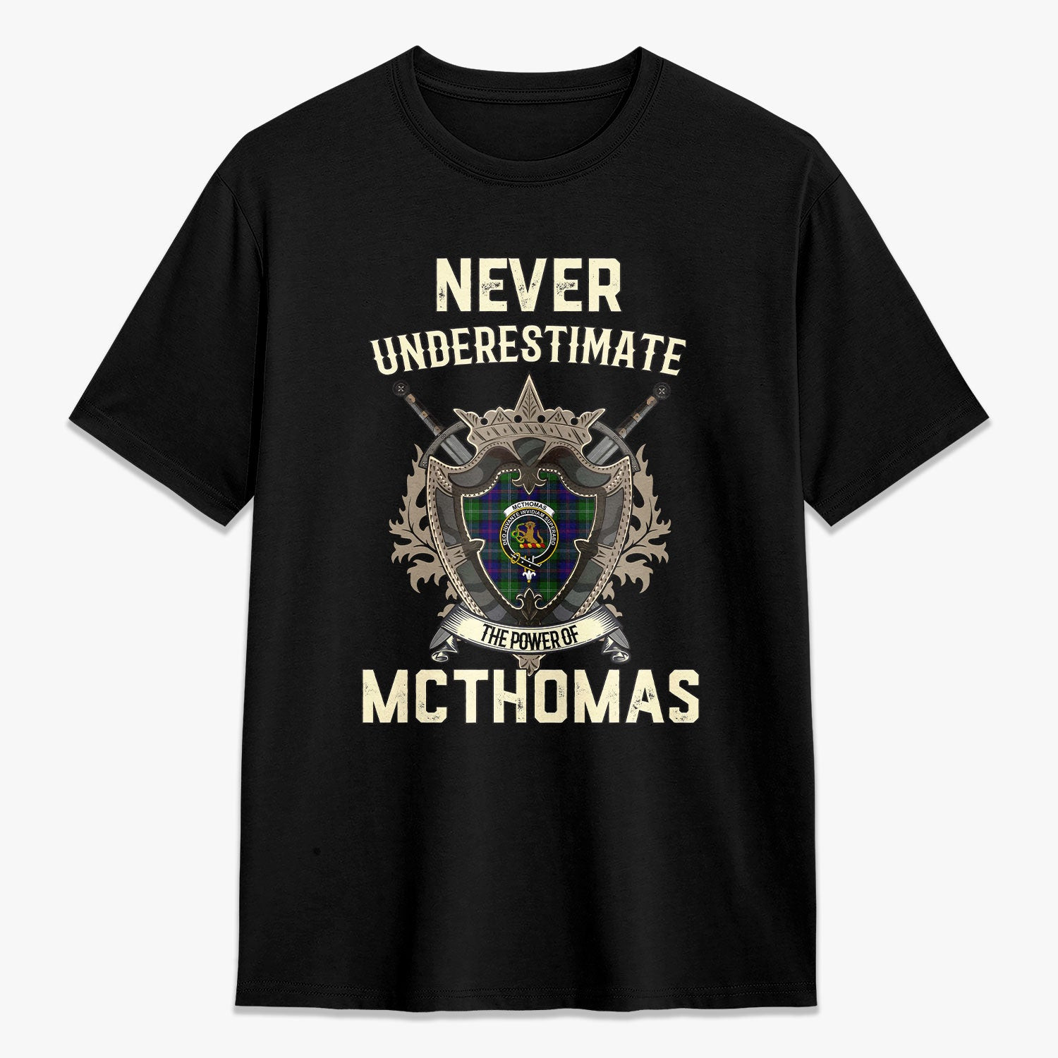 ScotsTee Shop McThomas Modern Crest Tartan T-shirt Never Underestimate Style