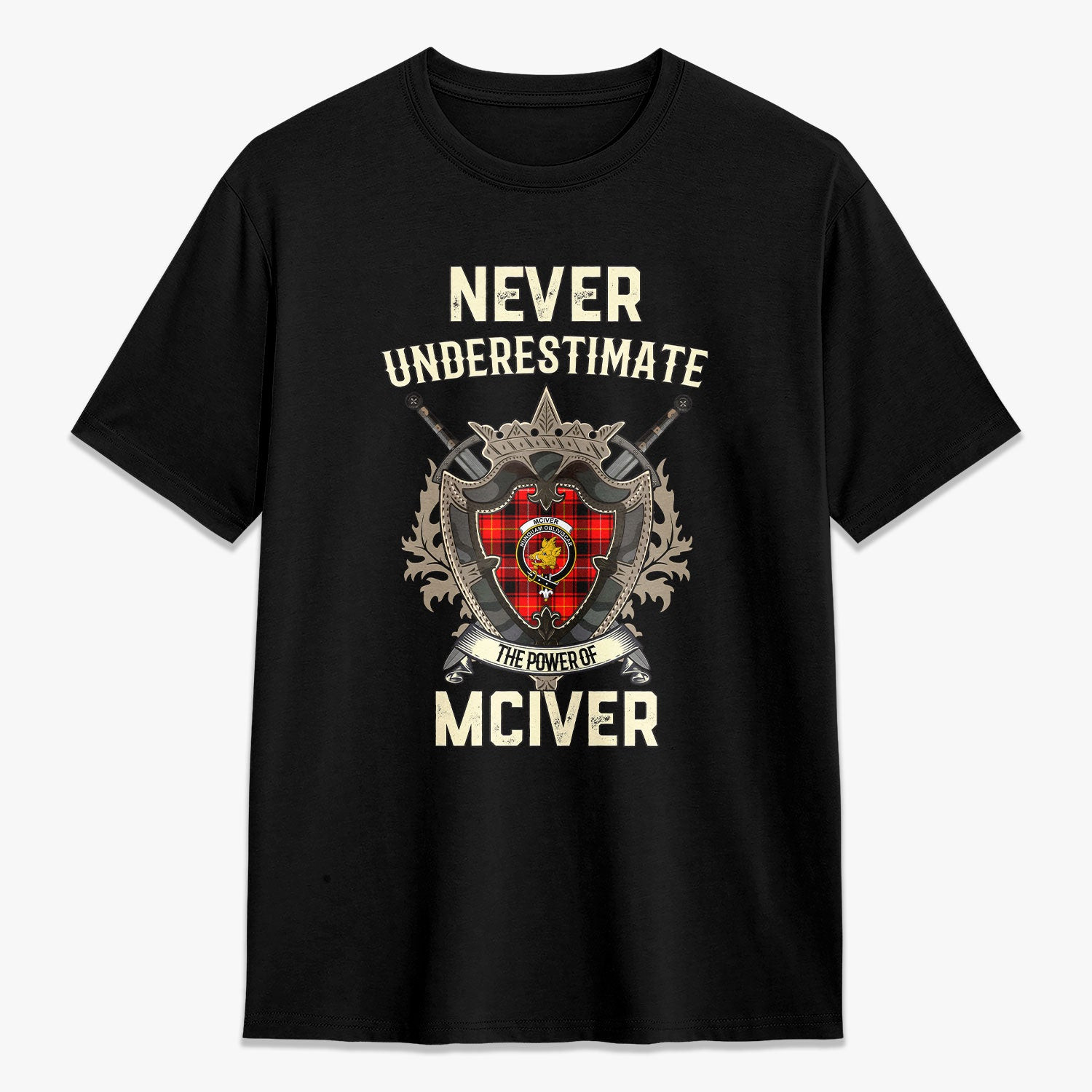 ScotsTee Shop McIver Modern Crest Tartan T-shirt Never Underestimate Style