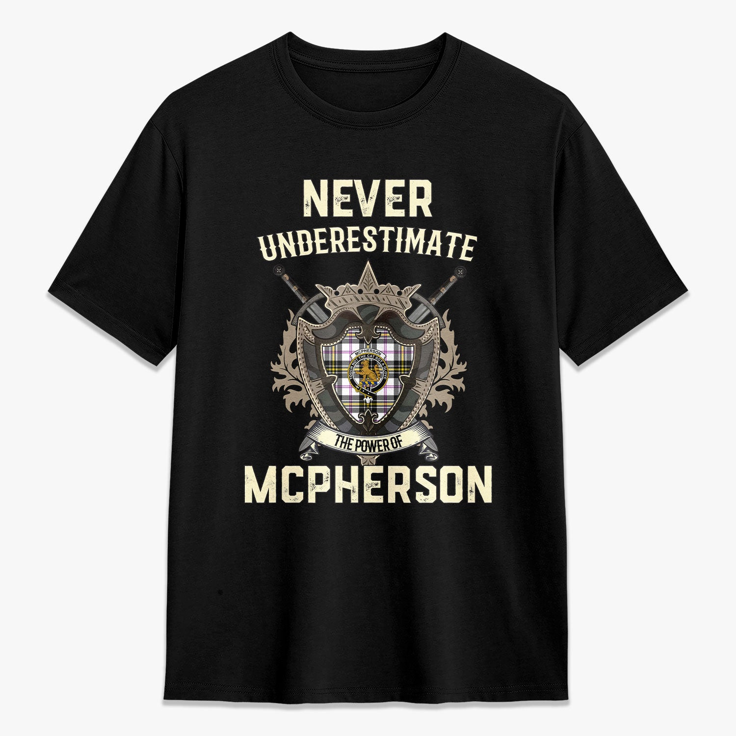 ScotsTee Shop McPherson Dress Modern Crest Tartan T-shirt Never Underestimate Style