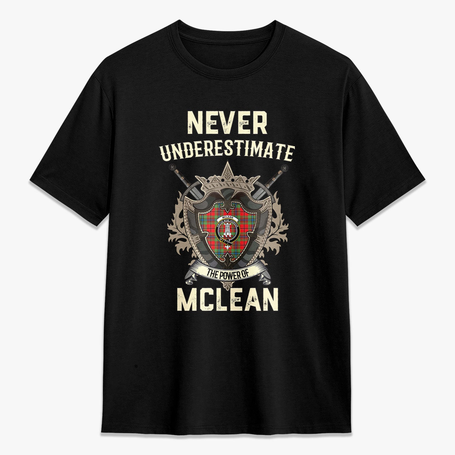 ScotsTee Shop McLean of Duart Modern Crest Tartan T-shirt Never Underestimate Style