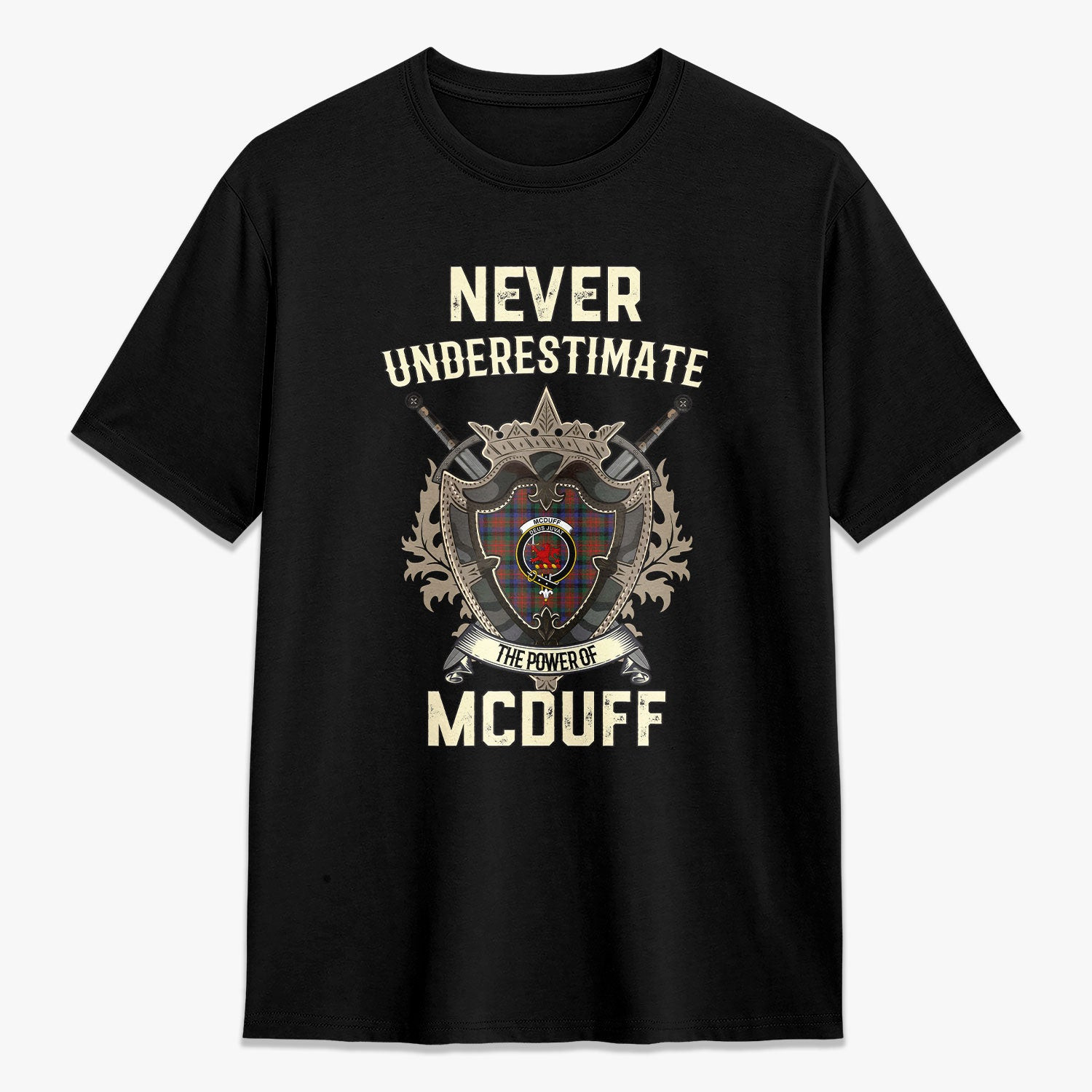 ScotsTee Shop McDuff Hunting Modern Crest Tartan T-shirt Never Underestimate Style