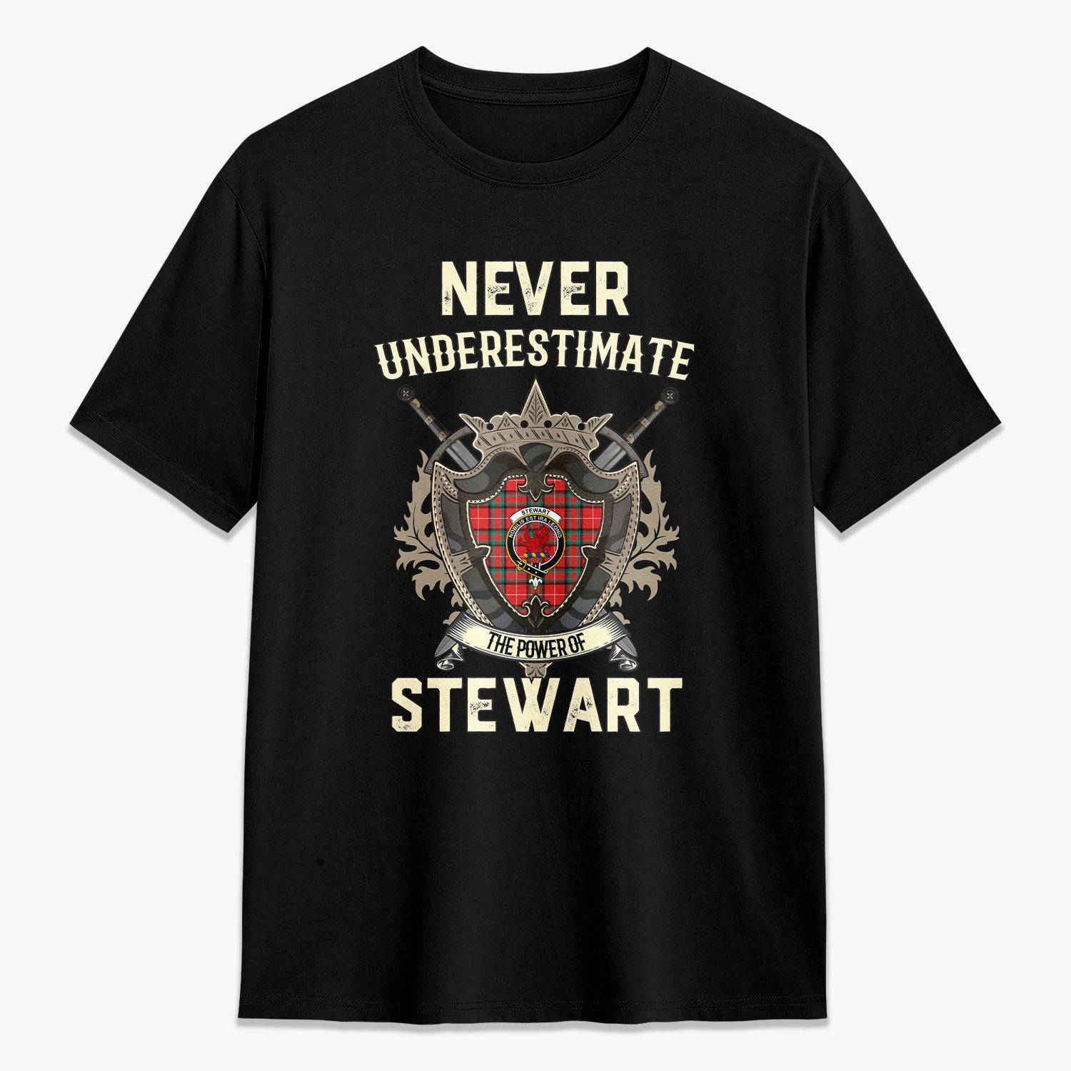 ScotsTee Shop Stewart (Stuart) of Bute Crest Tartan T-shirt Never Underestimate Style