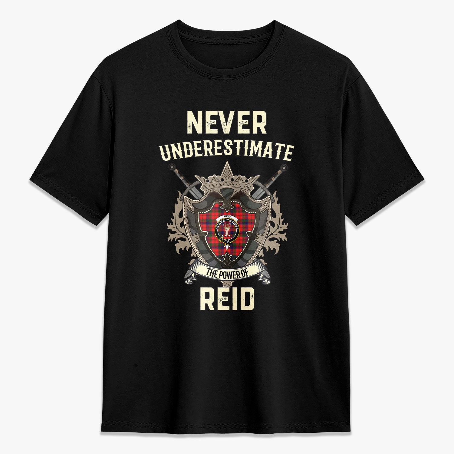 ScotsTee Shop Reid Modern Crest Tartan T-shirt Never Underestimate Style