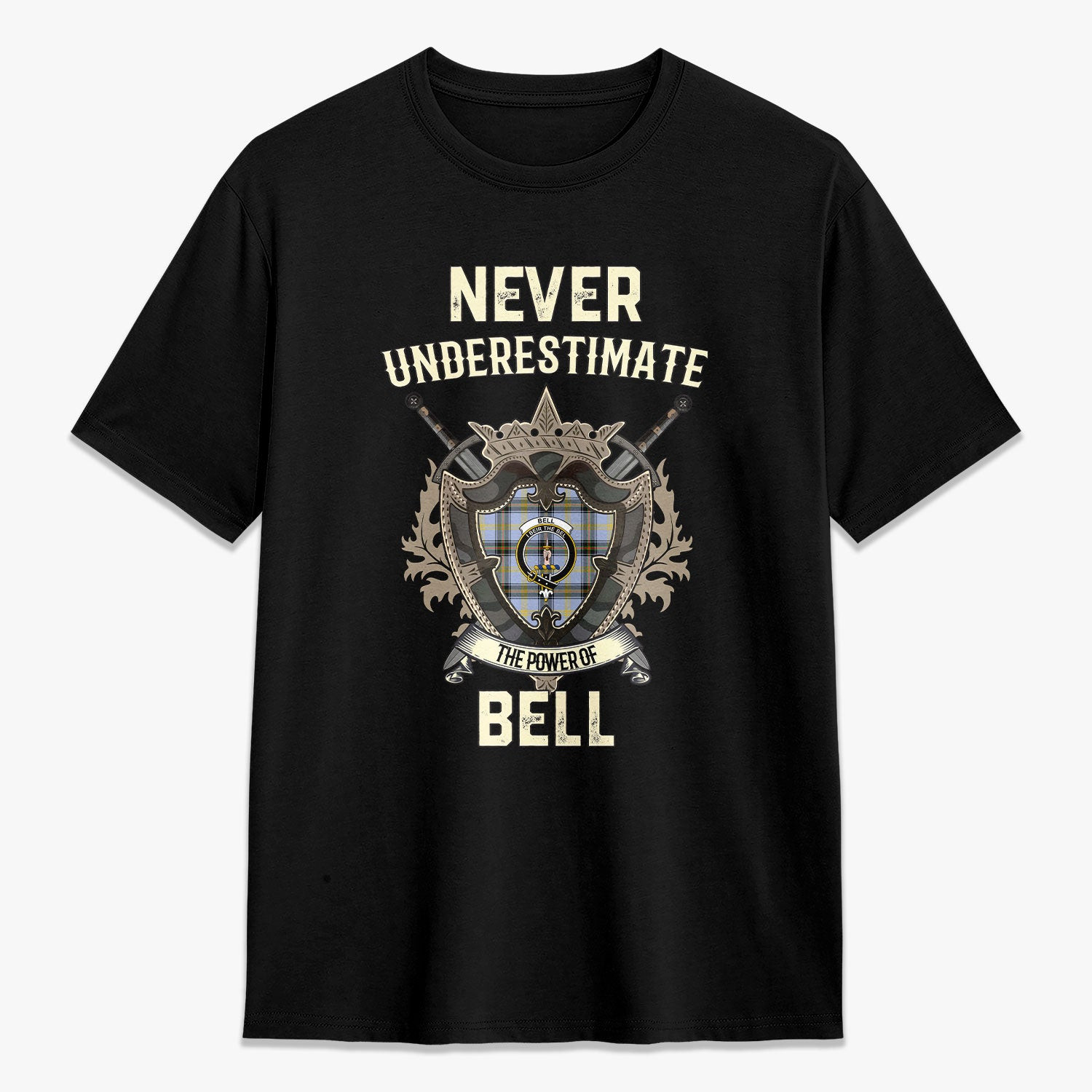 ScotsTee Shop Bell of the Borders Crest Tartan T-shirt Never Underestimate Style
