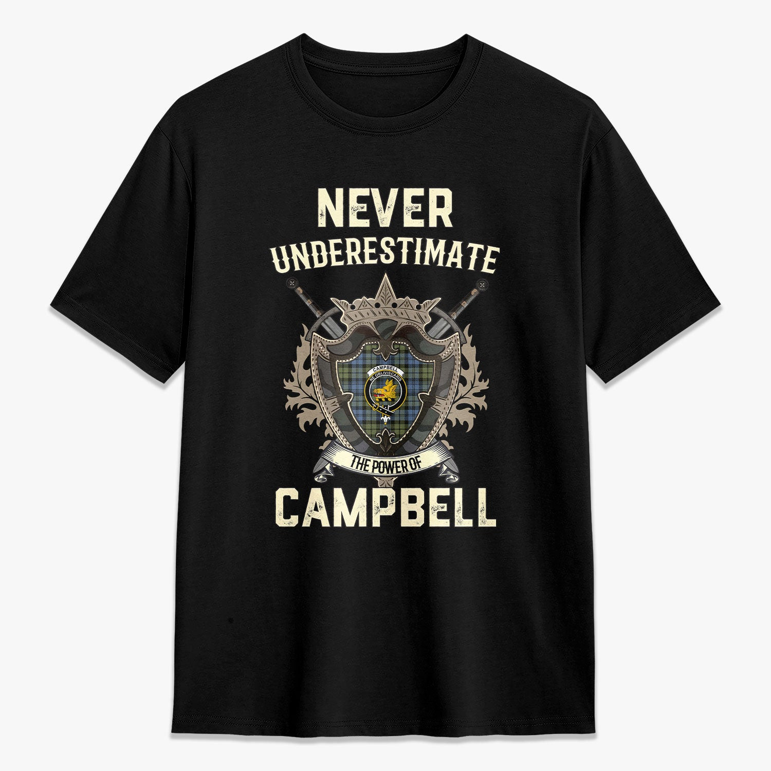 ScotsTee Shop Campbell Faded Crest Tartan T-shirt Never Underestimate Style