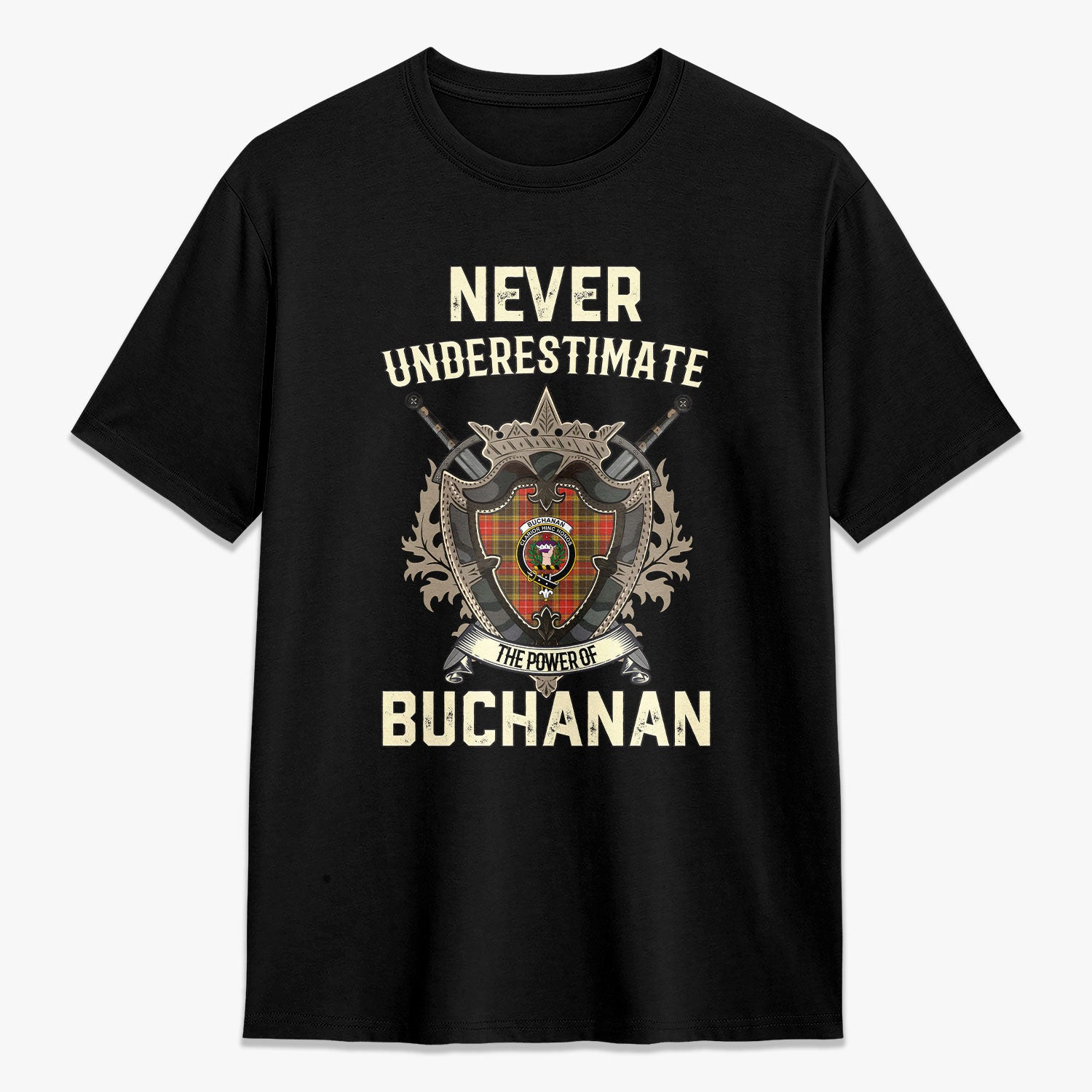 ScotsTee Shop Buchanan Old Set Weathered Crest Tartan T-shirt Never Underestimate Style