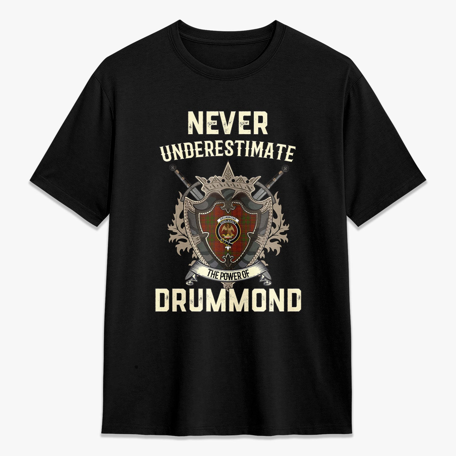 ScotsTee Shop Drummond Clan Crest Tartan T-shirt Never Underestimate Style