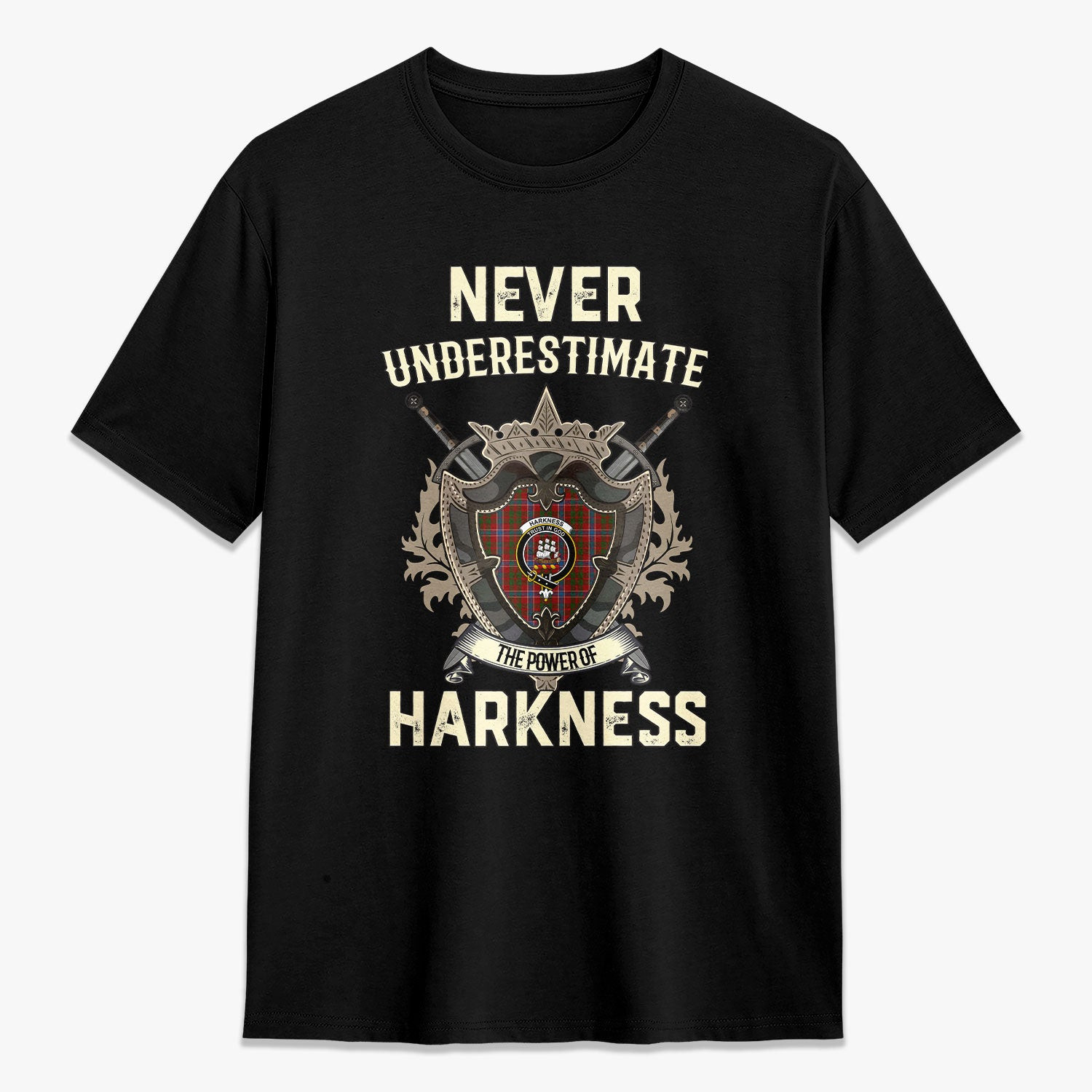 ScotsTee Shop Harkness Dress Crest Tartan T-shirt Never Underestimate Style