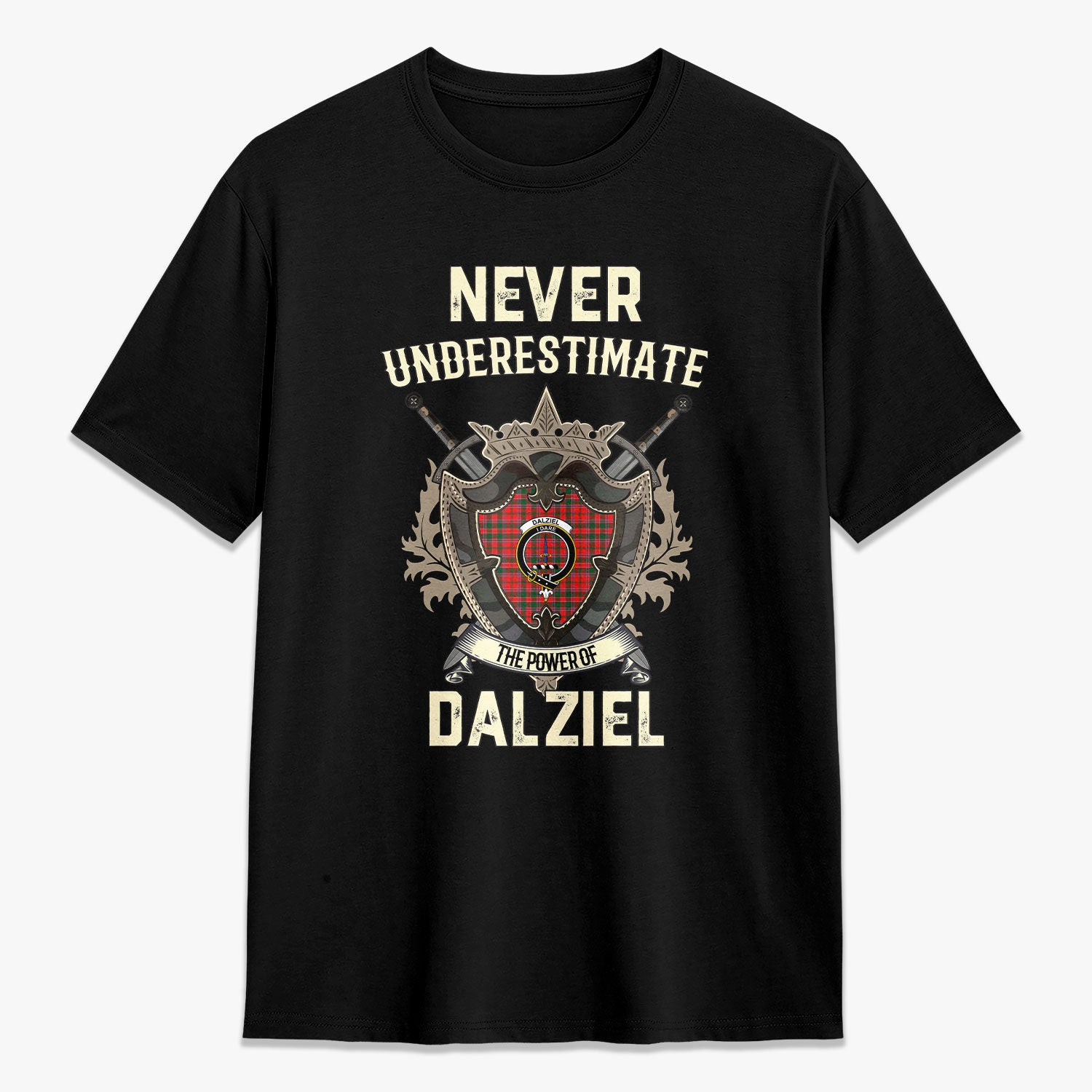 ScotsTee Shop Dalziel Modern Crest Tartan T-shirt Never Underestimate Style