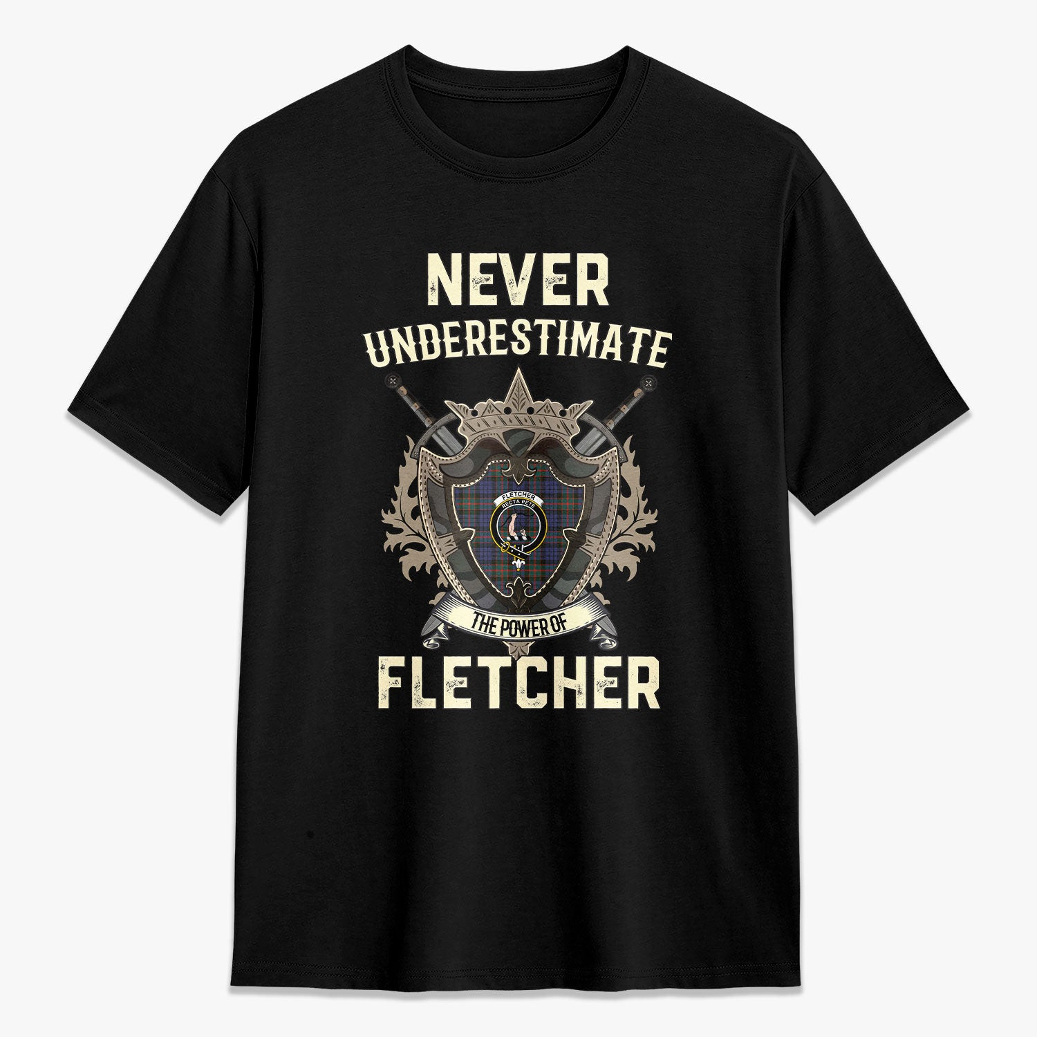 ScotsTee Shop Fletcher of Dunans Crest Tartan T-shirt Never Underestimate Style