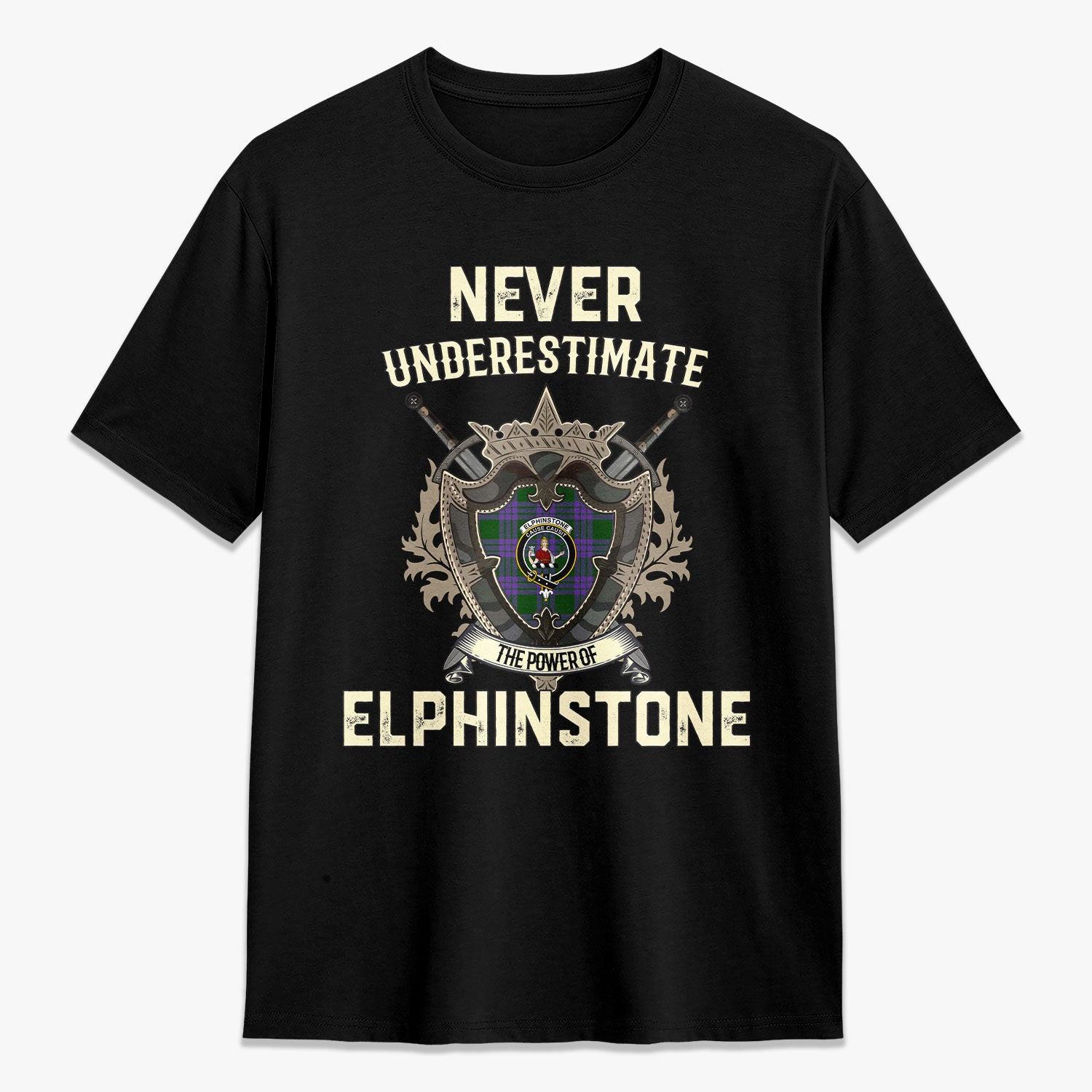 ScotsTee Shop Elphinstone Crest Tartan T-shirt Never Underestimate Style