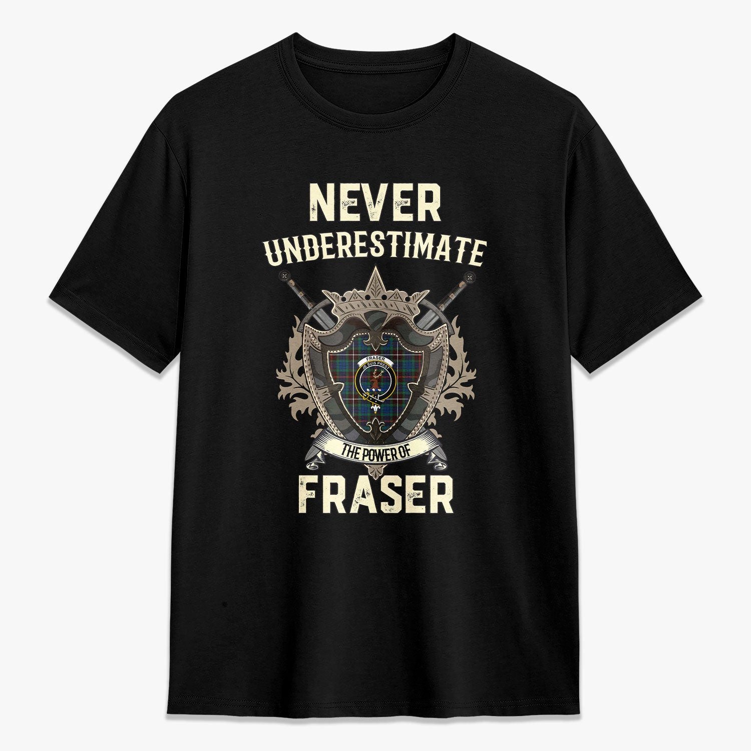 ScotsTee Shop Fraser (of Lovat) Hunting Ancient Crest Tartan T-shirt Never Underestimate Style