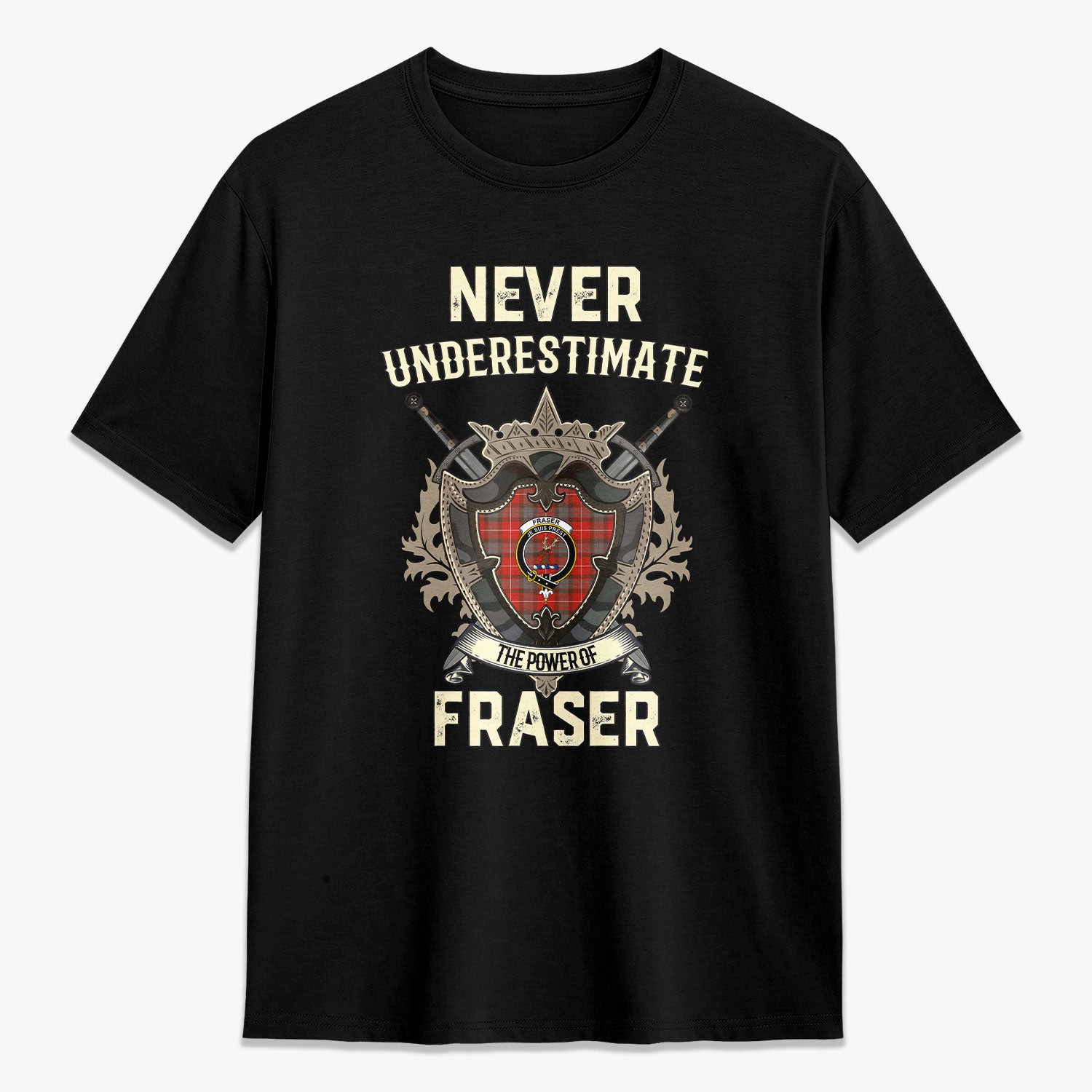 ScotsTee Shop Fraser (of Lovat) Weathered Crest Tartan T-shirt Never Underestimate Style