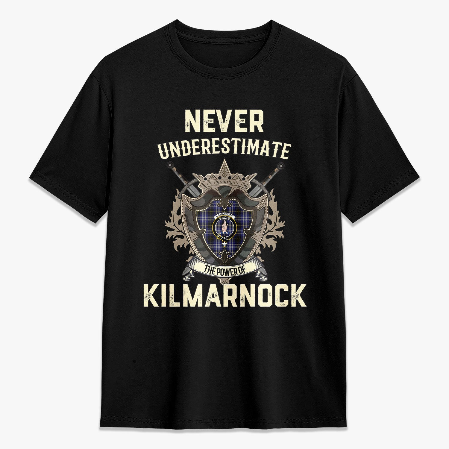 ScotsTee Shop Kilmarnock Crest Tartan T-shirt Never Underestimate Style