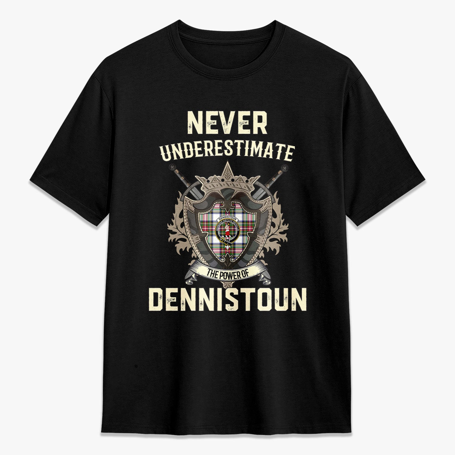 ScotsTee Shop Dennistoun Crest Tartan T-shirt Never Underestimate Style