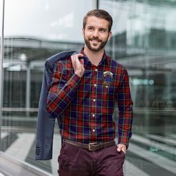 ScotsTee Shop Scottish Clark (Lion) Red Clan Crest Tartan Long Sleeve Shirt, Cotton Tartan Plaid Shirt