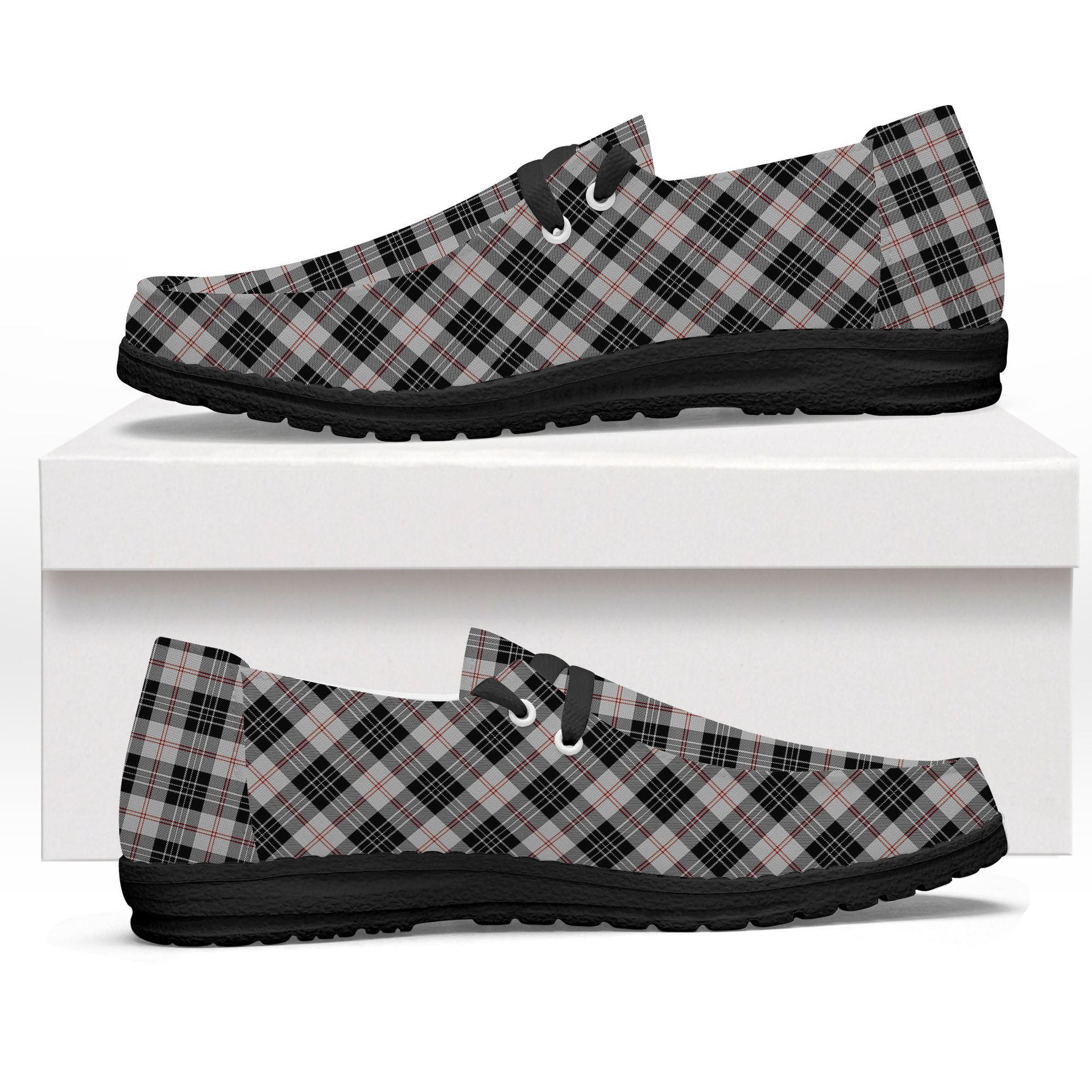 ScotsTee Shop Scottish MacPherson of Cluny Black and White Tartan Plaid Canvas Loafer Shoes