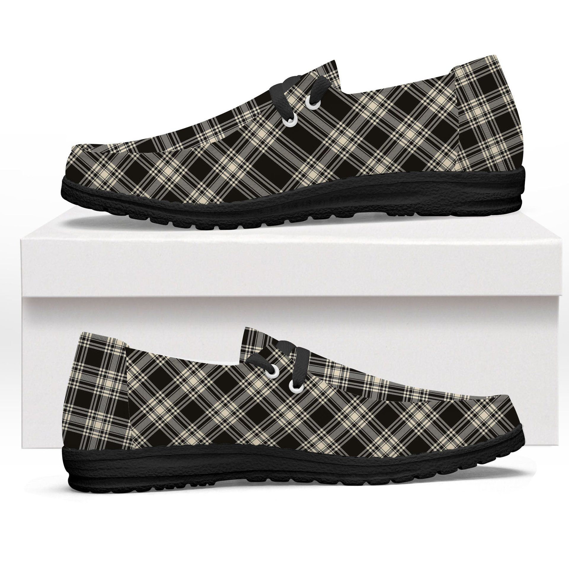 ScotsTee Shop Scottish Menzies Black & White Ancient Tartan Plaid Canvas Loafer Shoes