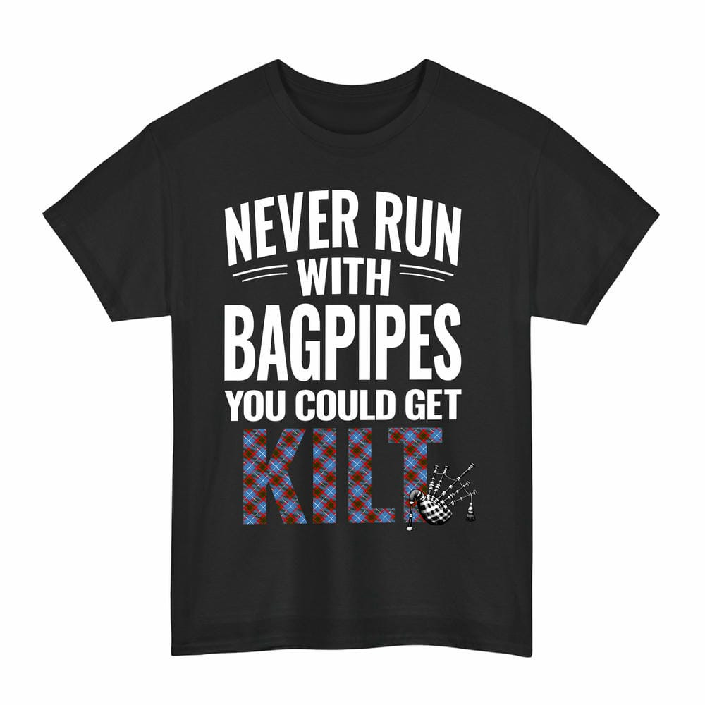 ScotsTee Shop Scottish Edinburgh District Clan Tartan Never Run With Bagpipes T-Shirt