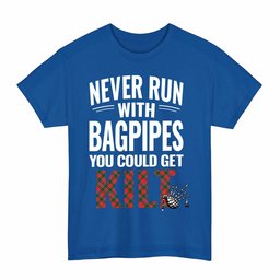 ScotsTee Shop Scottish Dalziel Modern Clan Tartan Never Run With Bagpipes T-Shirt