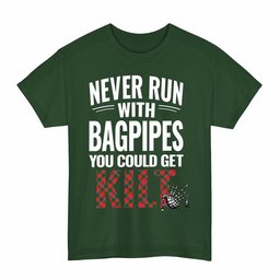 ScotsTee Shop Scottish Dalziel Modern Clan Tartan Never Run With Bagpipes T-Shirt