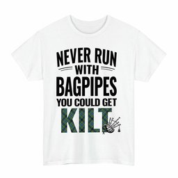 ScotsTee Shop Scottish Gillies Ancient Clan Tartan Never Run With Bagpipes T-Shirt