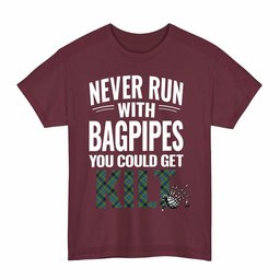 ScotsTee Shop Scottish Gillies Ancient Clan Tartan Never Run With Bagpipes T-Shirt