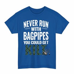ScotsTee Shop Scottish Gillies Ancient Clan Tartan Never Run With Bagpipes T-Shirt