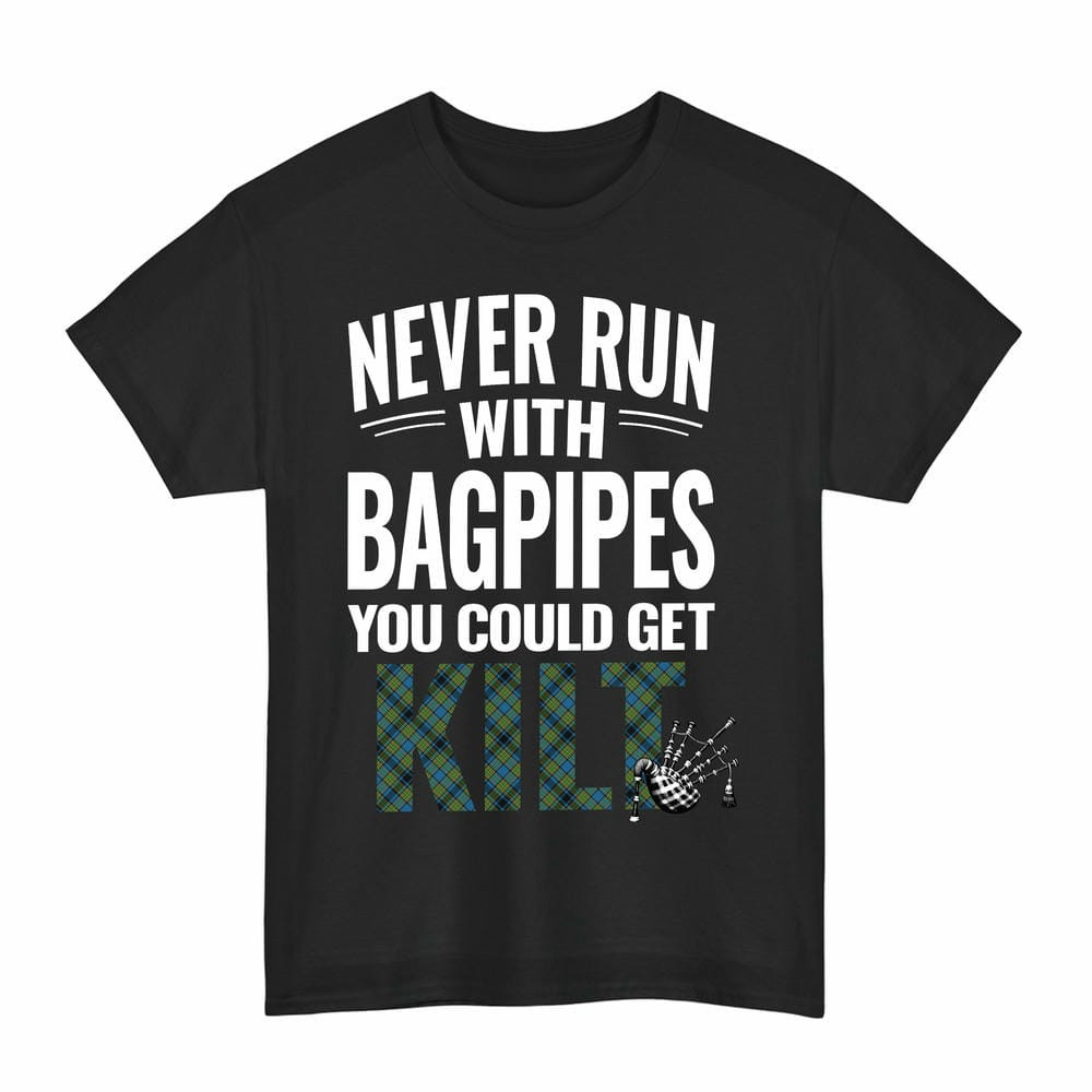 ScotsTee Shop Scottish Gillies Ancient Clan Tartan Never Run With Bagpipes T-Shirt