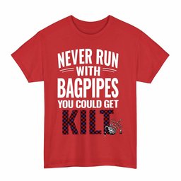 ScotsTee Shop Scottish Brown Modern Clan Tartan Never Run With Bagpipes T-Shirt