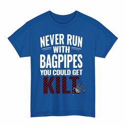 ScotsTee Shop Scottish Brown Modern Clan Tartan Never Run With Bagpipes T-Shirt