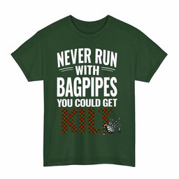 ScotsTee Shop Scottish Blackstock Clan Tartan Never Run With Bagpipes T-Shirt