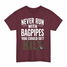 ScotsTee Shop Scottish Caledonia Ancient Clan Tartan Never Run With Bagpipes T-Shirt