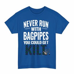 ScotsTee Shop Scottish Blackwatch Modern Clan Tartan Never Run With Bagpipes T-Shirt
