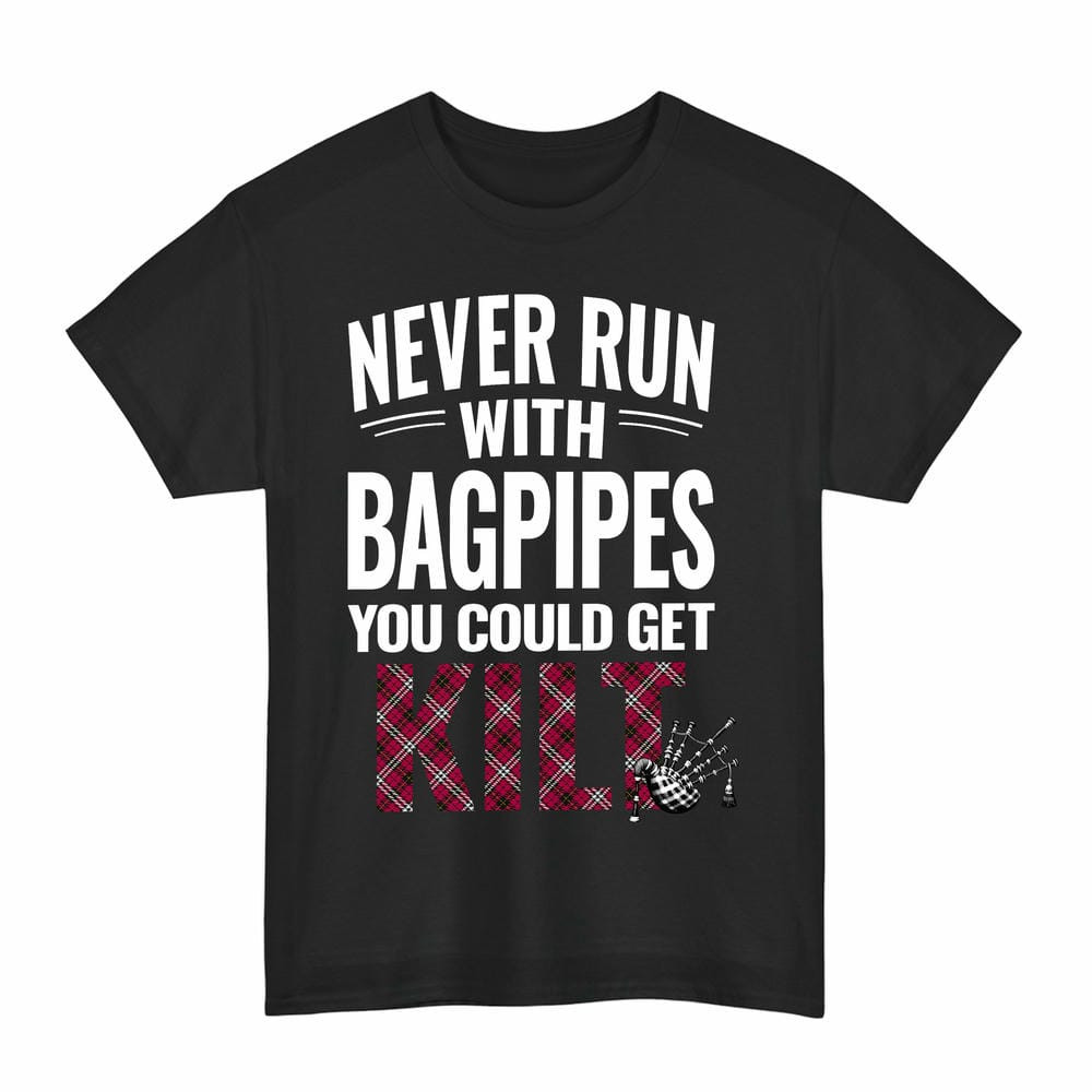 ScotsTee Shop Scottish Little Clan Tartan Never Run With Bagpipes T-Shirt