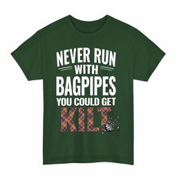 ScotsTee Shop Scottish Jacobite Clan Tartan Never Run With Bagpipes T-Shirt