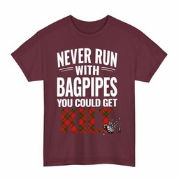 ScotsTee Shop Scottish Crief District Clan Tartan Never Run With Bagpipes T-Shirt