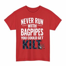 ScotsTee Shop Scottish Grewar Clan Tartan Never Run With Bagpipes T-Shirt