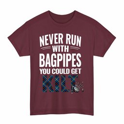 ScotsTee Shop Scottish Grewar Clan Tartan Never Run With Bagpipes T-Shirt