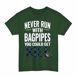 ScotsTee Shop Scottish Grewar Clan Tartan Never Run With Bagpipes T-Shirt
