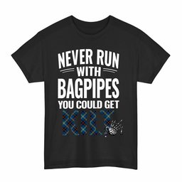 ScotsTee Shop Scottish Grewar Clan Tartan Never Run With Bagpipes T-Shirt