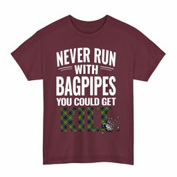 ScotsTee Shop Scottish Reid Green Clan Tartan Never Run With Bagpipes T-Shirt