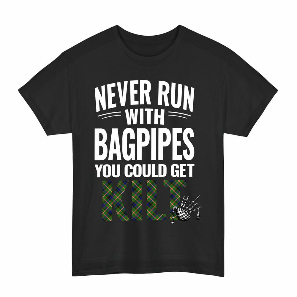 ScotsTee Shop Scottish Reid Green Clan Tartan Never Run With Bagpipes T-Shirt