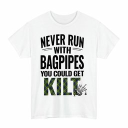 ScotsTee Shop Scottish Reid Green Clan Tartan Never Run With Bagpipes T-Shirt