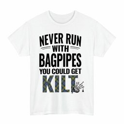 ScotsTee Shop Scottish MacSporran Ancient Clan Tartan Never Run With Bagpipes T-Shirt