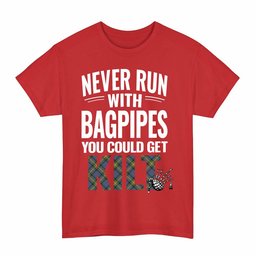ScotsTee Shop Scottish MacSporran Ancient Clan Tartan Never Run With Bagpipes T-Shirt