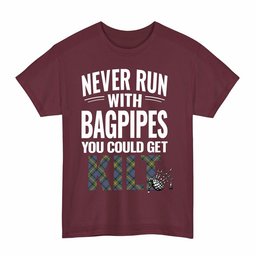 ScotsTee Shop Scottish MacSporran Ancient Clan Tartan Never Run With Bagpipes T-Shirt