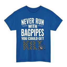 ScotsTee Shop Scottish MacSporran Ancient Clan Tartan Never Run With Bagpipes T-Shirt