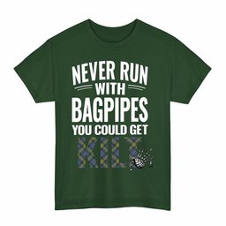 ScotsTee Shop Scottish MacSporran Ancient Clan Tartan Never Run With Bagpipes T-Shirt